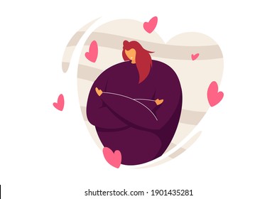 Love yourself and body positive concepts. Happy woman surrounded by hearts hugging herself, expressing love, confidence, and care. Flat vector illustration