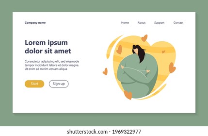 Love yourself and body positive concepts. Happy woman surrounded by hearts hugging herself, expressing love, confidence, and care. Flat vector illustration