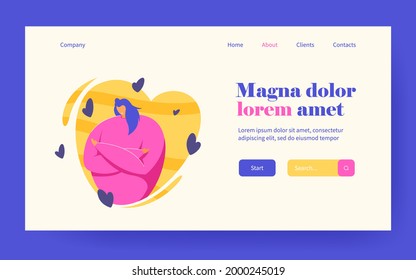 Love yourself and body positive concepts. Happy woman surrounded by hearts hugging herself, expressing love, confidence, and care. Flat vector illustration
