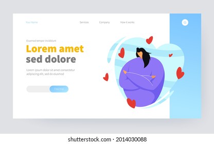 Love yourself and body positive concepts. Happy woman surrounded by hearts hugging herself, expressing love, confidence, and care. Flat vector illustration