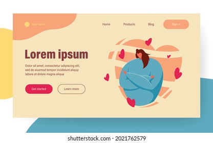 Love yourself and body positive concepts. Happy woman surrounded by hearts hugging herself, expressing love, confidence, and care. Flat vector illustration