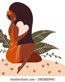 Love yourself, body positive, self care concept. Beautiful black girl hugging a big pink heart. Isolated flat vector illustration with a female character with leaves and flowers.