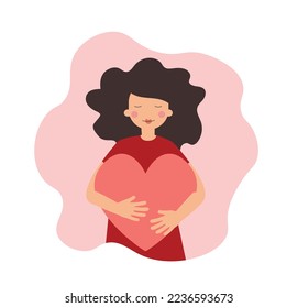 Love yourself, body positive, self care concept. Girl hugging a big red heart