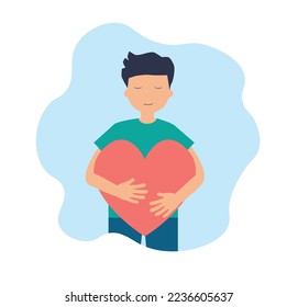 Love yourself, body positive, self care concept. Man hugging a big red heart