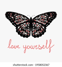 Love yourself. Butterfly, illustration of a pink butterfly painted in leopard skin. Vector
