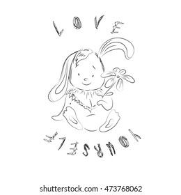 "Love yourself" card. Cute rabbit character with flower and text message on white background. Lovely animal for sweet designs. Vector illustration.