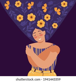 Love yourself, care, acceptance, mental health, happiness, body positive, harmony creative concept. Woman with flowers in hair stands closed eyes and hugs herself. Flat cartoon vector illustrations