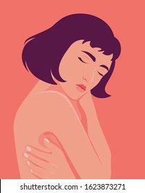 Love Yourself And Care For Your Body. Asian Woman Hugs Herself. Relaxation. Self Help. Psychological And Physical Health. Vector Flat Illustration