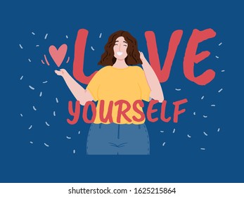 Love yourself cartoon flat body positive poster with happy smiling woman holding heart in her hand.