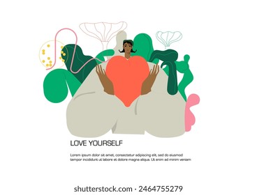 Love yourself. Character take care of mentality and learn self accepting. Mental health and psychotherapy concept. Vector illustration.