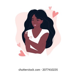 Love yourself concept with black girl hugging herself. Flat style vector illustration. Trendy design for self love, mental health, self care, Women'day, body positive, healthcare concept.