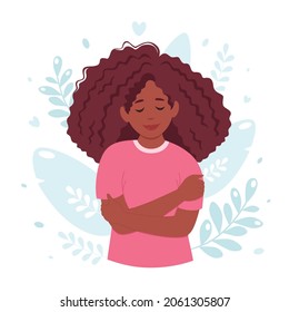 Love yourself concept. Black woman hugging herself, self love, body positive. Vector illustration