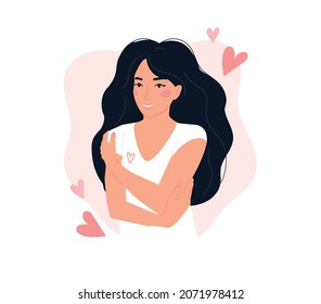 Love yourself concept with cute girl hugging herself. Flat style vector illustration. Trendy design for self love, mental health, self care, Women'day, body positive, healthcare concept.