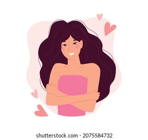 Love yourself concept with cute girl hugging herself. Flat style vector illustration. Trendy design for self love, mental health, self care, Women'day, body positive, healthcare concept.