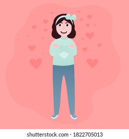 Love yourself concept with cute happy girl embracing herself, Valentines day card, taking time for yourself in cartoon style