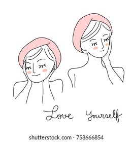 Love yourself concept with cute woman with bath towel on head touching her face and nourishing her skin. Vector illustration with hand-drawn style.