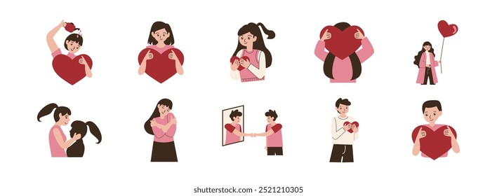 Love Yourself Concept flat illustration set. Include of positive love, happiness, self care, and confidence. Vector illustration isolated.