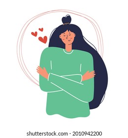 Love yourself concept. Girl hugging herself. Take time for your self concept. Flat illustration.