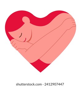 Concepto de amor propio, mujer feliz abrazándose en corazones en forma de fondo blanco, postal vectorial, tarjeta de San Valentín