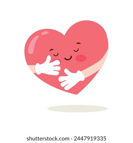 Love yourself concept. Heart character hugging arms. Self care, happiness. Vector illustration