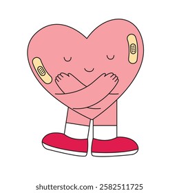 Love yourself concept for illustartion, mental health and quote. Heart cartoon embracing. Self love