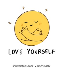 Love yourself concept for illustartion and quote. Circle cartoon embracing. Self hug