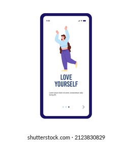 Love yourself concept of onboarding start page with body positive chubby happy woman, flat cartoon vector illustration. Be yourself and body positivity.