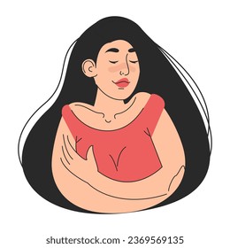 Love yourself concept vector isolated. Self love, woman hugs herself, positive attitude to yourself. Smiling girl embracing herself. Self-care and self-help.