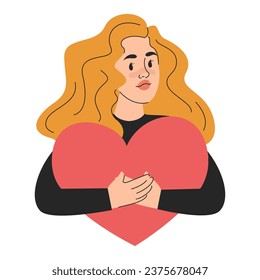 Love yourself concept vector isolated. Self love, female character with red heart. Woman embracing heart sign, positive attitude to yourself. Smiling girl. Self-care and self-help.