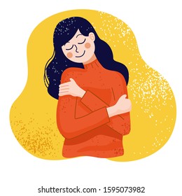 Love yourself concept, Woman hugging herself, Vector Illustration