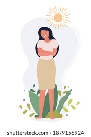 Love Yourself concept with woman hugging herself with a happy smile outdoors in summer sunshine, flat cartoon colored vector illustration