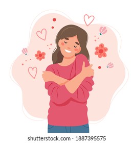 Love yourself concept, woman hugging herself, vector illustration in flat style