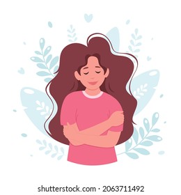 Love yourself concept. Woman hugging herself, self love, body positive. Vector illustration