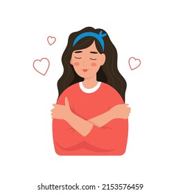 Love yourself concept. Woman hugging yourself and dreaming. Flat style vector illustration.