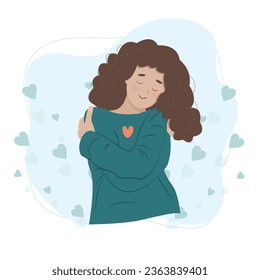 Love yourself concept, woman hugging herself, vector illustration in flat style