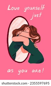 Ama tu concepto. La mujer abraza a gemelos desde el espejo, la reflexión. Feliz apoyo personal y aceptación. La chica se abraza. Cartel de motivación femenina, carta con cita. Ilustración vectorial plana