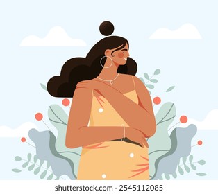 Love yourself concept. Woman hugs herself. Mental and psychological health. Positive and optimistic. Selfconfidence and selfacceptance. Flat vector illustration isolated on white background