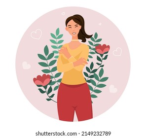 Love yourself concept. Young girl with flowers and foliage. Beauty and health, positive psychology, mentality and optimism. Woman happy with her body, self esteem. Cartoon flat vector illustration