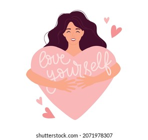 Love yourself concept with young woman holding a heart. Modern flat style self love vector illustration with lettering. Mental health, body positive, self care, women's day card with cute girl.