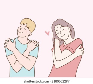 Love Yourself concept. Young woman and young man hugging oneself, happy, positive, and smiling. Hand drawn in thin line style, vector illustrations.