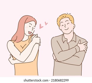 Love Yourself concept. Young woman and young man hugging oneself, happy, positive, and smiling. Hand drawn in thin line style, vector illustrations.