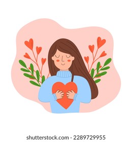 Ama tu concepto con Joven sosteniendo un corazón. Salud mental. Amor propio. Ilustración vectorial plana de un retrato de una niña sosteniendo un corazón con sus propias manos