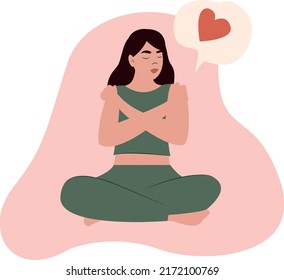 Love yourself. Love the concept of your body. Skin care for girls. Find time for yourself. Vector illustration. Woman hugging herself on a white background. Pastel cute soft colors.