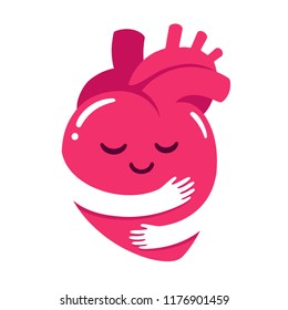 Love Yourself, Cute Cartoon Heart Character Hug. Realistic Anatomic Heart With Hugging Arms Shape. Self Care And Happiness Vector Illustration.