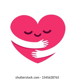 Love yourself, cute cartoon heart character hug. Kawaii heart with hugging arms. Self care and happiness vector illustration.