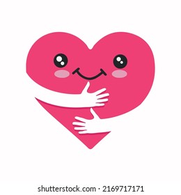 Love yourself, cute cartoon heart character hug. Kawaii heart with embracing arms. Vector illustration of self care and happiness.