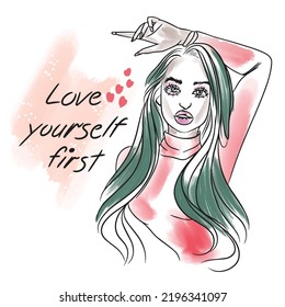 Love yourself first, handwritten, inspirational quote, beautiful girl with long hair, mood, have a nice day, doodle drawing