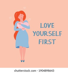 Love yourself first vector illustration, self love concept. Redhead girl hugging heart with hand written text