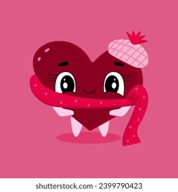 Love yourself funny concept. Cute smiling heart wearing a scarf. Hugs and kisses. Happy Valentine's day vector card	