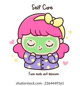 Love yourself girl face mask feeling loved. Series: Girly me time, Self care, take a break. Mental health children happy cartoon. Kawaii vector with Positive energy. Hand drawn illustrations.